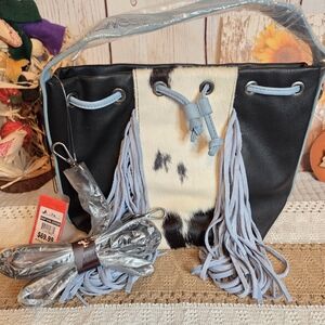 Montana West Black and White Cow Print Fringe Bag